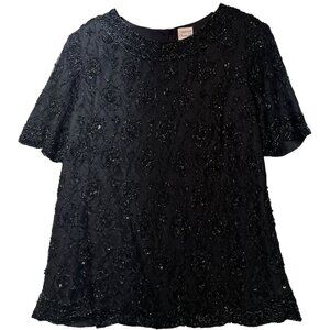 Candlelight & Champagne Women's Beaded Cocktail Evening Top Black Short Sleeve